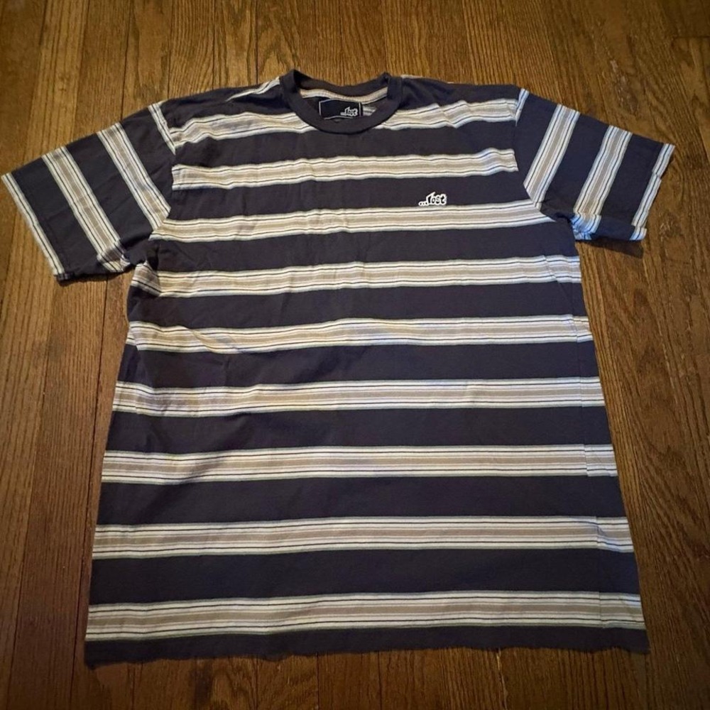 Vintage Lost Enterprises Surf Skate‎ Striped T-Shirt Navy Blue Grey Y2K Size L